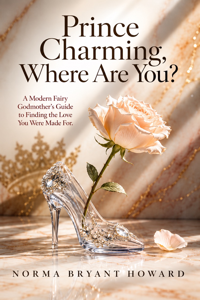 Book cover: Prince Charming, Where Are You? by Norma Bryant Howard — a crystal slipper and a blush rose on warm marble.